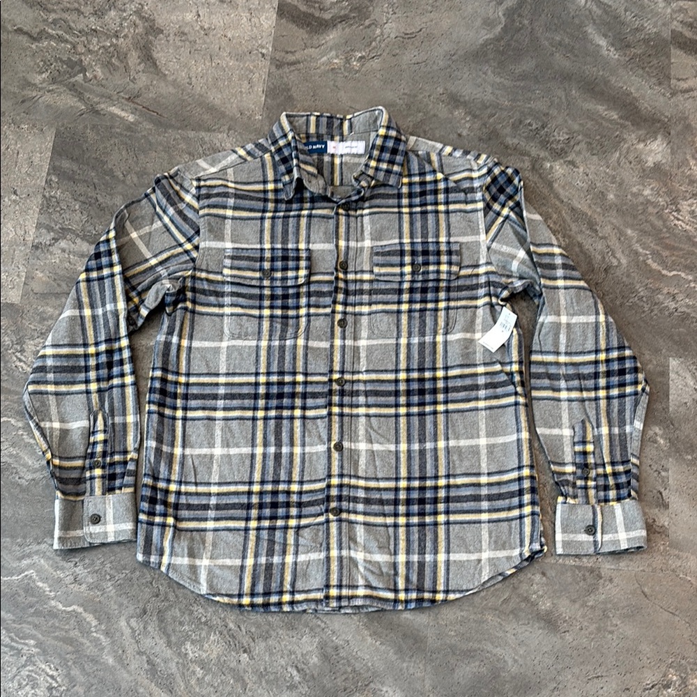 NWT Old Navy Men Blue Gray Plaid Button Down Long Sleeve Shirt, Holiday, Size M